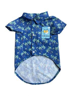 Buttons & Bones Blue Button Up & Velcro Tropical Print Dog Shirt Size L NWT